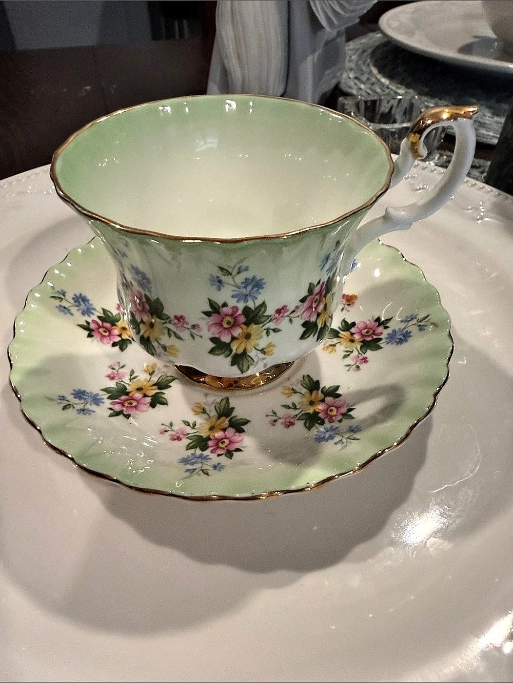 Royal Albert Floral Teacup & Saucer in Green & Pink